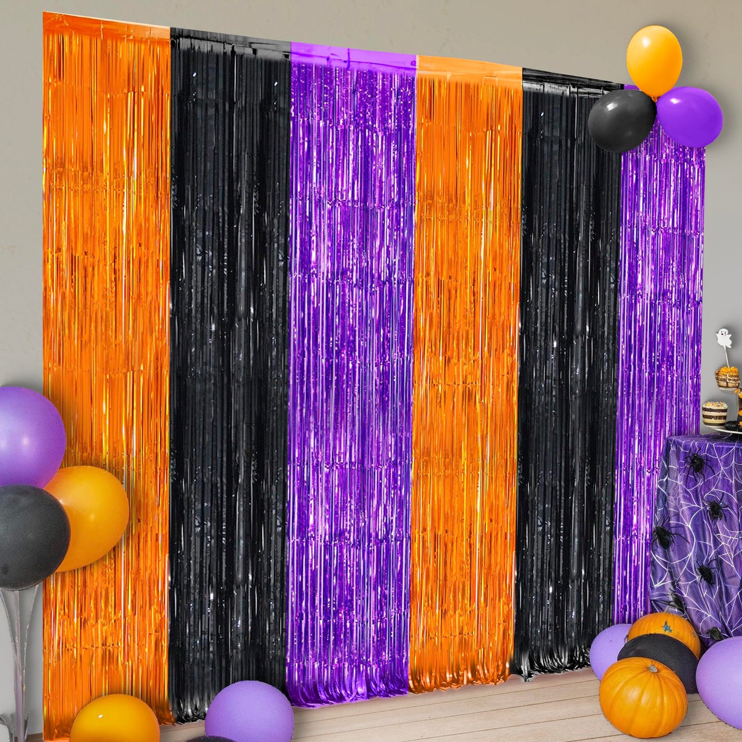 KatchOn Orange Black and Purple Foil Fringe Curtain - XtraLarge 3.2x6.5 Feet Pack of 2 | Halloween Streamers for Halloween Decorations | Halloween Backdrop Curtain for Halloween Party Decorations
