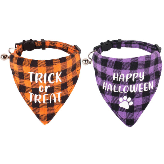 ADOGGYGO Halloween Cat Collars Breakaway with Bell 2 Pack Adjustable Cat Bandana Collar with Cute Halloween Pattern Orange Purple Plaid Cat Halloween Collars for Cats Kittens (Halloween)
