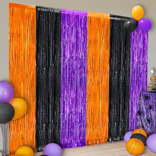 KatchOn Orange Black and Purple Foil Fringe Curtain - XtraLarge 3.2x6.5 Feet Pack of 2 | Halloween Streamers for Halloween Decorations | Halloween Backdrop Curtain for Halloween Party Decorations
