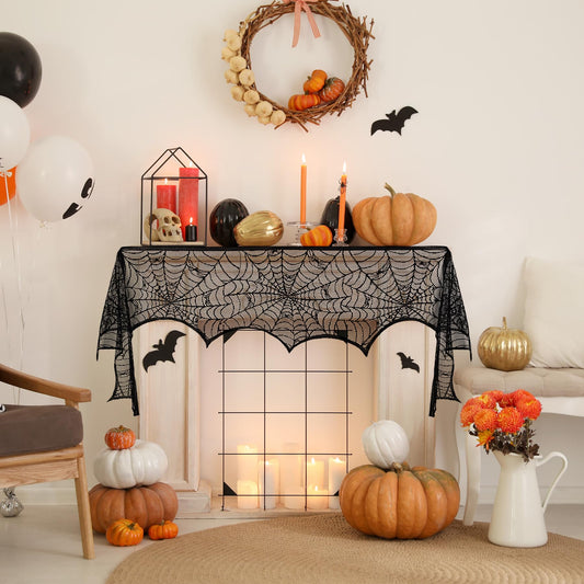 Halloween Fireplace Scarf Black Lace Spiderweb Fireplace Mantle Cobweb Fireplace Scarf for Halloween Party Door Window Decoration 18 x 96 inch