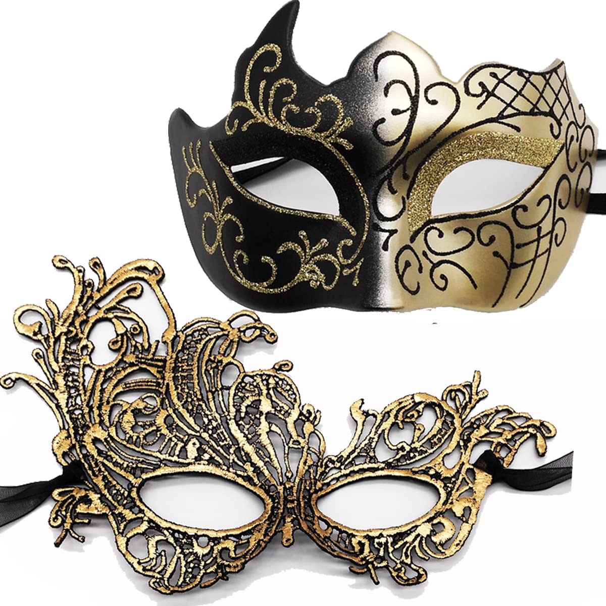 IDOXE Golden Black Couple Masquerade Masks Set Venetian Party Mask Plastic Halloween Costume Mask Mardi Gras Mask for Couples Women Men Decoration