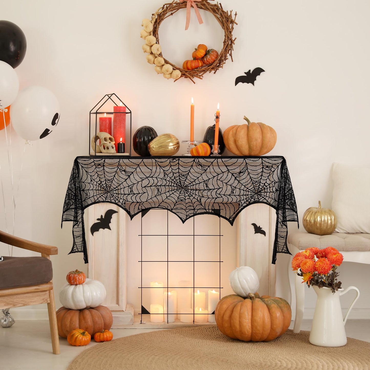 Halloween Fireplace Scarf Black Lace Spiderweb Fireplace Mantle Cobweb Fireplace Scarf for Halloween Party Door Window Decoration 18 x 96 inch
