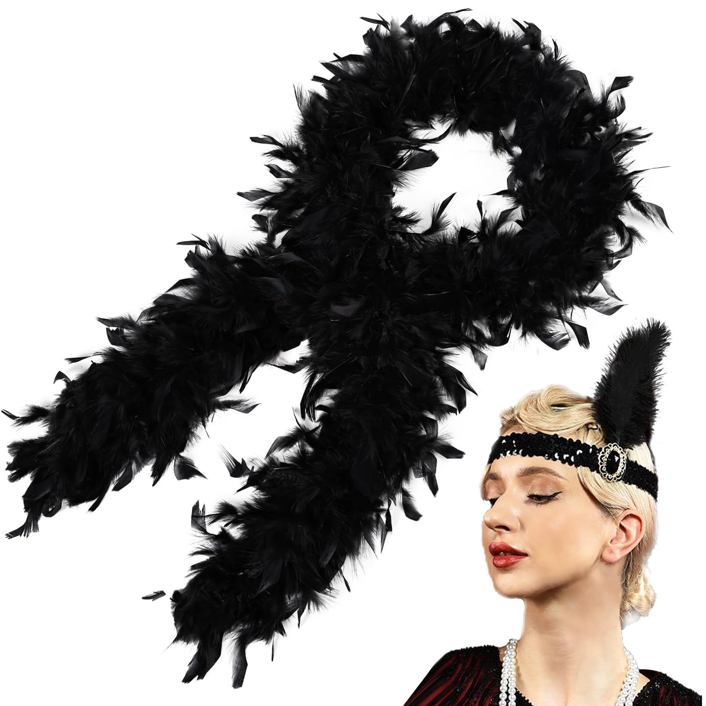 MehelloFeather Turkey Feather Boa 2 Yards 45g with 1920s Headband for DIY Craft Wedding Party Halloween Costume Decoration (Black)