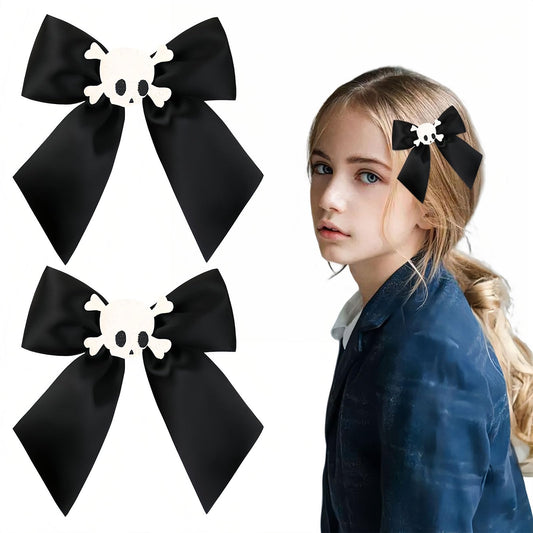 HIFANMM Halloween Bow Hair Clips for Girls Skull Black Hair Accessories Cute Cartoon Glitter Hairpins Litter Girls Alligator Hair Barrettes for Halloween Party Cosplay Supplies Decoration 2Pcs