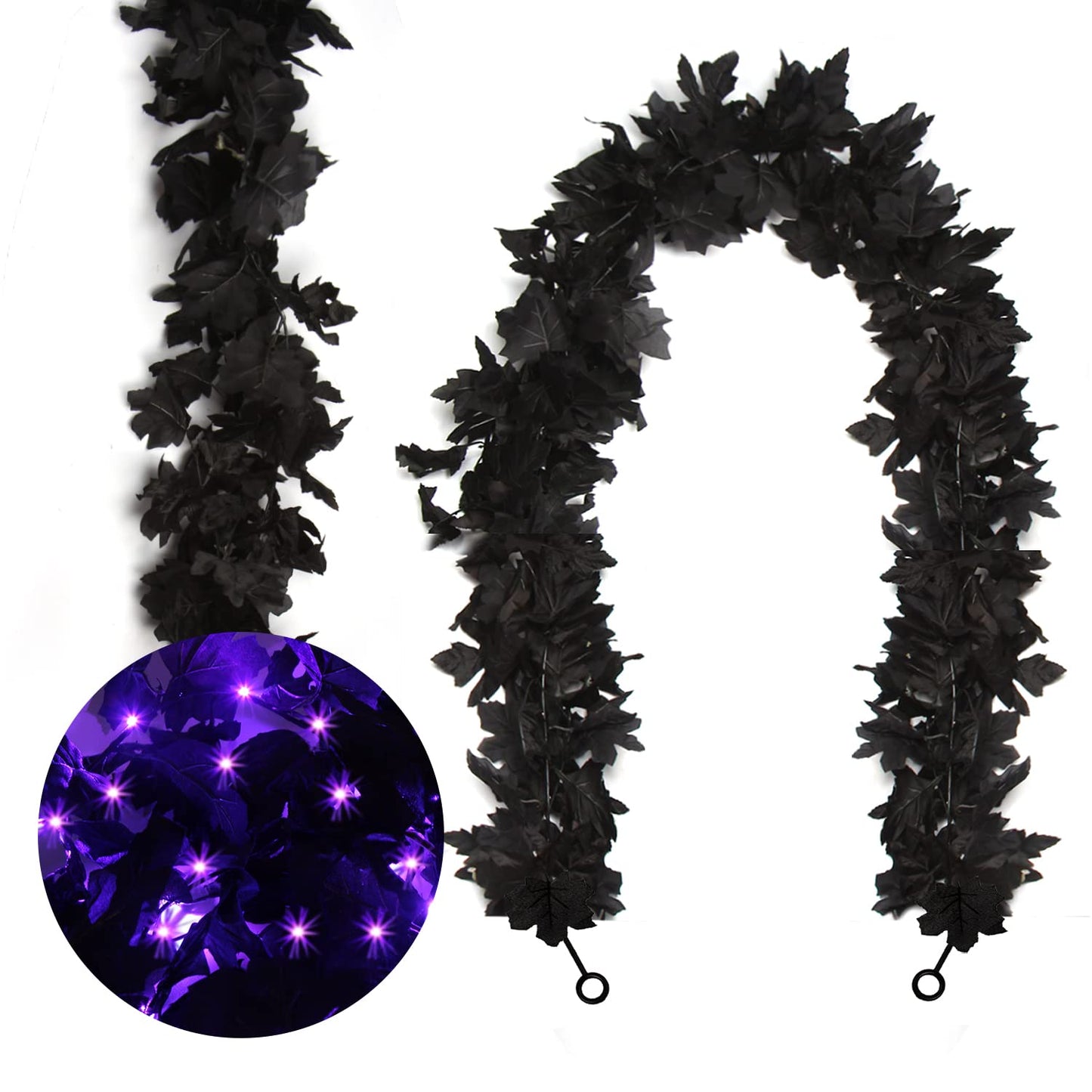 FOIMAS Halloween Fall Maple Leaf Garland2pcs Black Maple Leaves Garland with Lights for Halloween Mantle Fireplace Tree Decoration