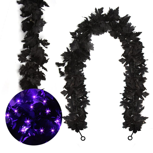 FOIMAS Halloween Fall Maple Leaf Garland2pcs Black Maple Leaves Garland with Lights for Halloween Mantle Fireplace Tree Decoration