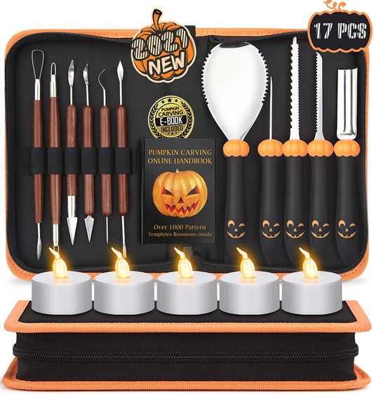 Upgraded 21 PCS Pumpkin Carving Kit for Adults & Kids with Professional Detail Sculpting Tools Heavy Duty Stainless Steel Knife Set with Carrying Case for Halloween Decoration